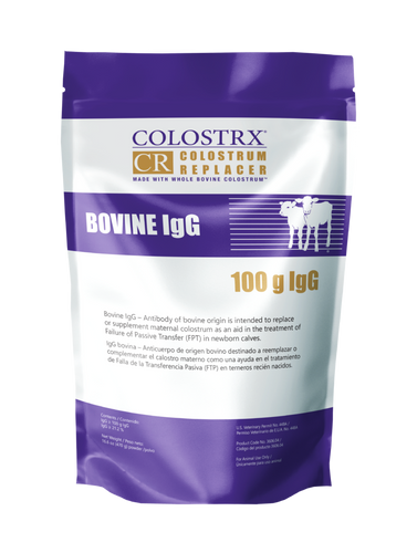 Colostrx CR provides 100g IgG to replace maternal colostrum.